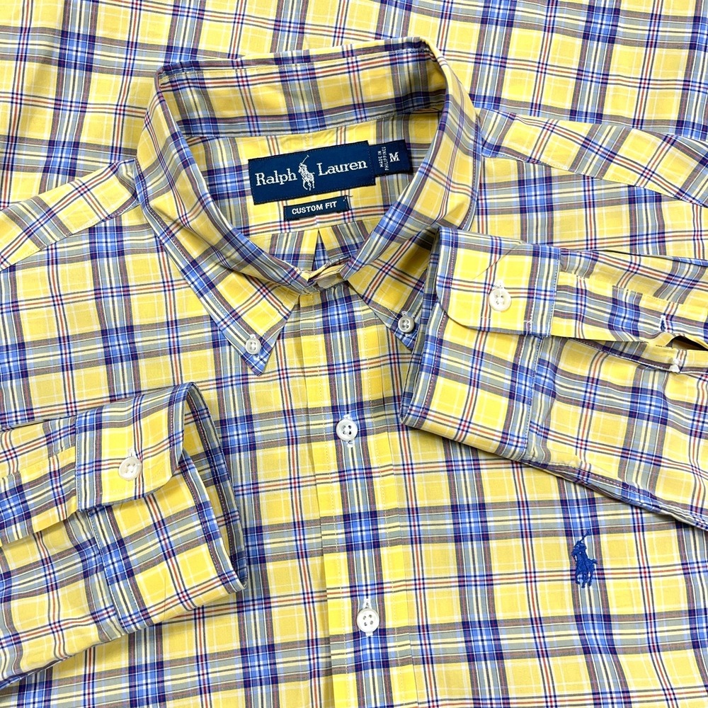 Ralph Lauren Shirt Men Medium Yellow Blue Plaid Classic Fit Button Up Poplin *